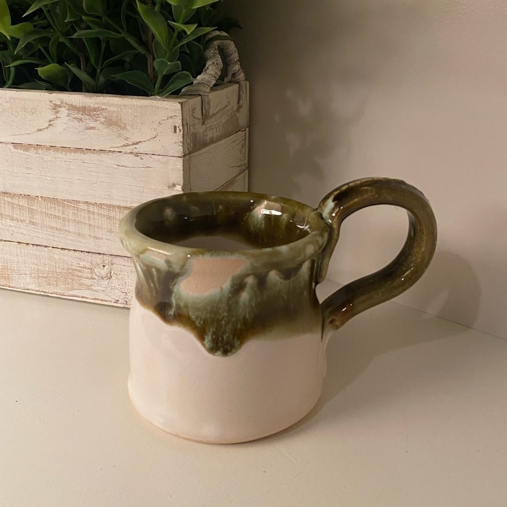 Hand Thrown Pottery Coffee Mug. Signed by Artist  Rustic Farmhouse Cream/Green